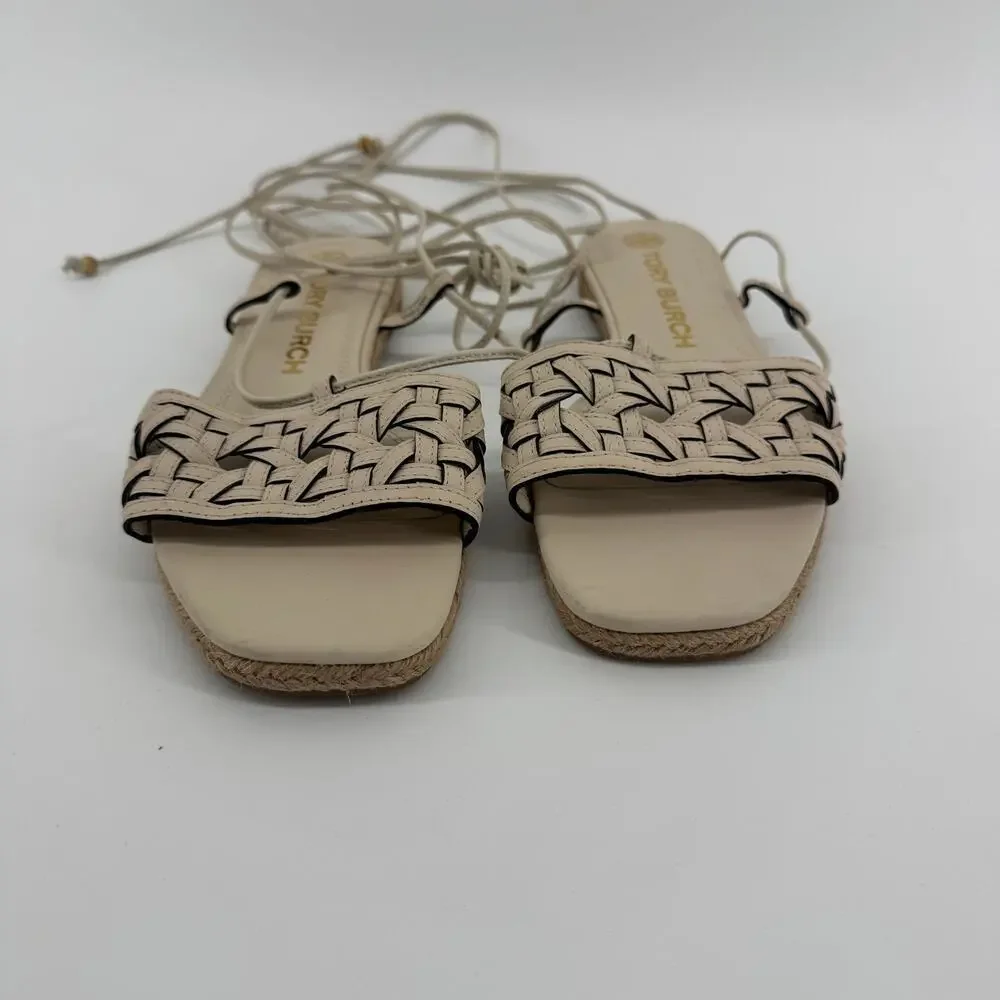 Tory Burch Caning Ankle-Wrap Leather Espadrille Sandals Size 7 NWOT Summer